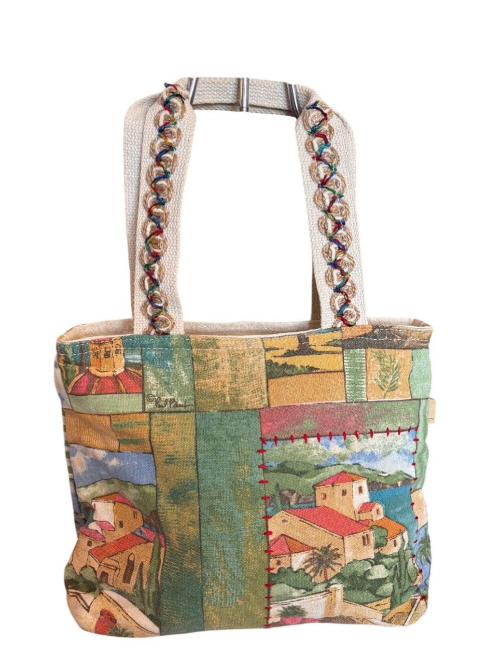 Paul Brent Coastal Patchwork Canvas Tote Bag With Multicolor Braided Straps